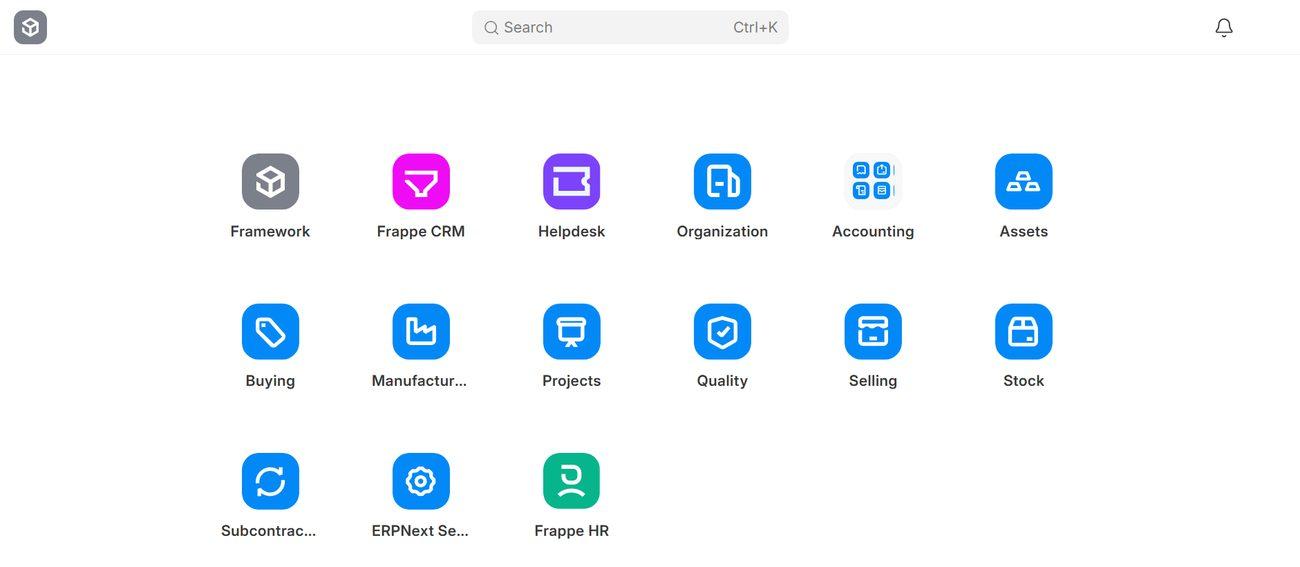 Frappe app launcher showing Framework, Frappe CRM, Helpdesk, Organization, Accounting, Assets, Buying, Manufacturing, Projects, Quality, Selling, Stock, Subcontracting, ERPNext Settings and Frappe HR